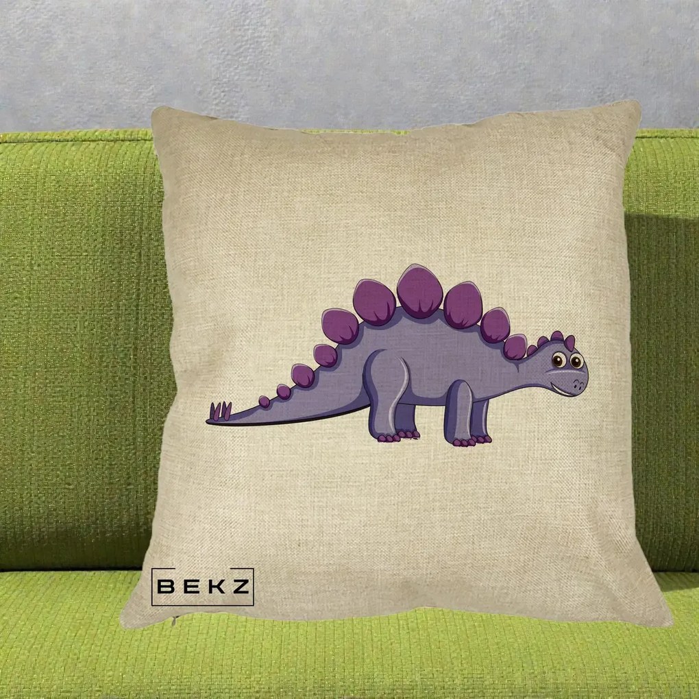 Perna Personalizata Stegozaur Mov, 40x40 cm, Crem, Husa Detasabila, Perna Inclusa, BEKZ®