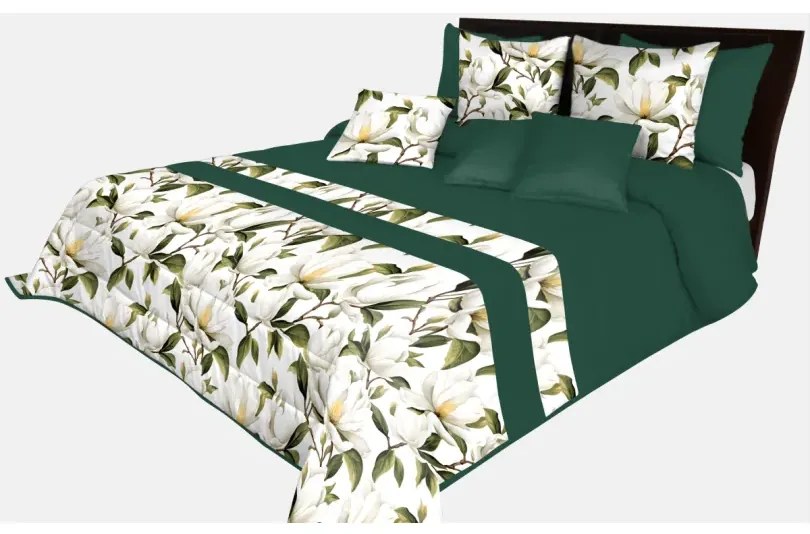 Cuvertură de pat în verde smarald cu flori de magnolie Lățime: 240 cm | Lungime: 260 cm