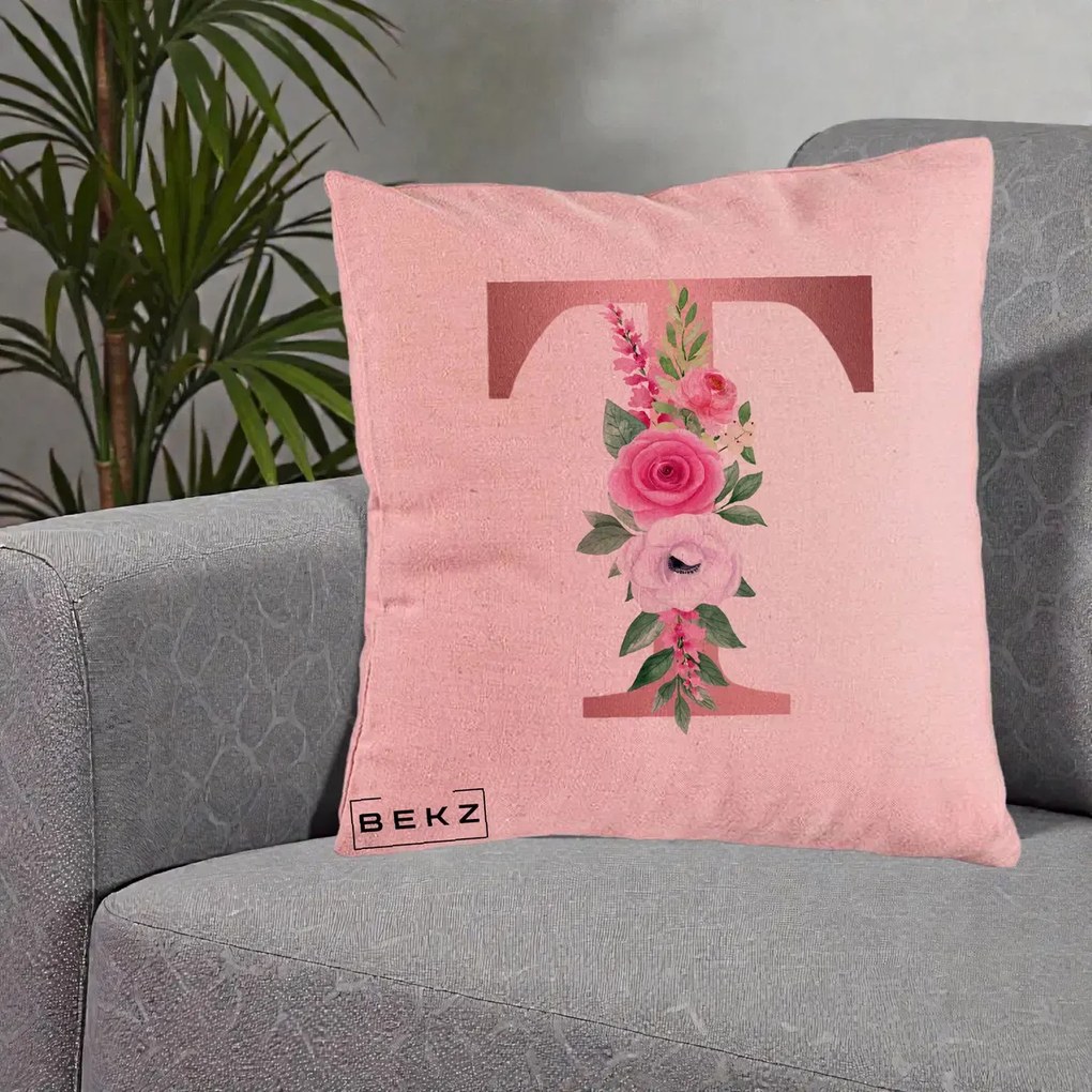 Cadou Personalizat - Perna Personalizata Monograma Rose Gold Litera T, 40x40 cm, Roz, Husa Detasabila, Perna Inclusa, BEKZ®