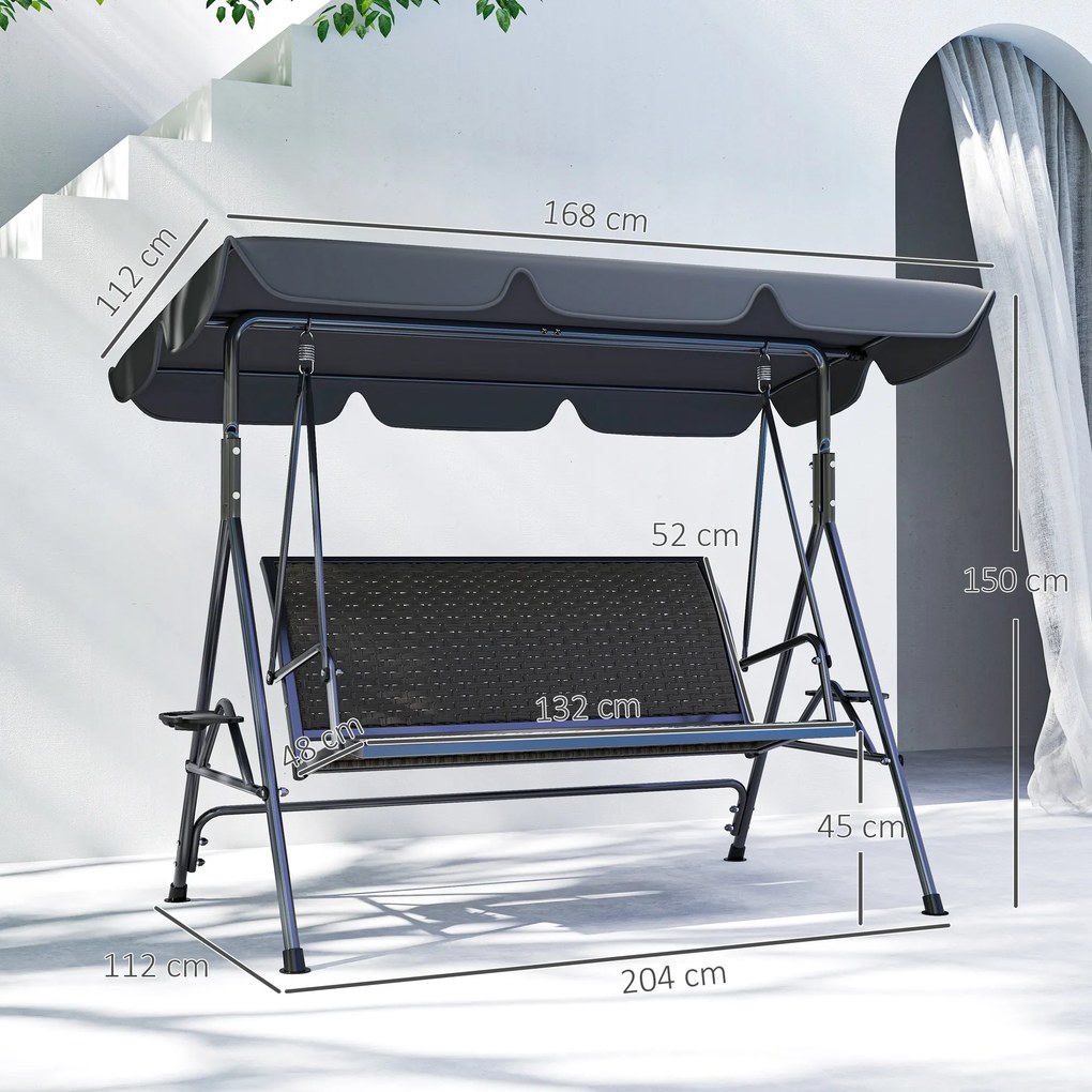 Outsunny Leagăn de Grădină 3 Locuri din Ratan PE cu Acoperiș Reglabil și Suporturi pentru Pahare, Leagăn de Exterior cu Cadru din Oțel, Capacitate 320 kg, 204x112x150 cm, Gri | Aosom Romania