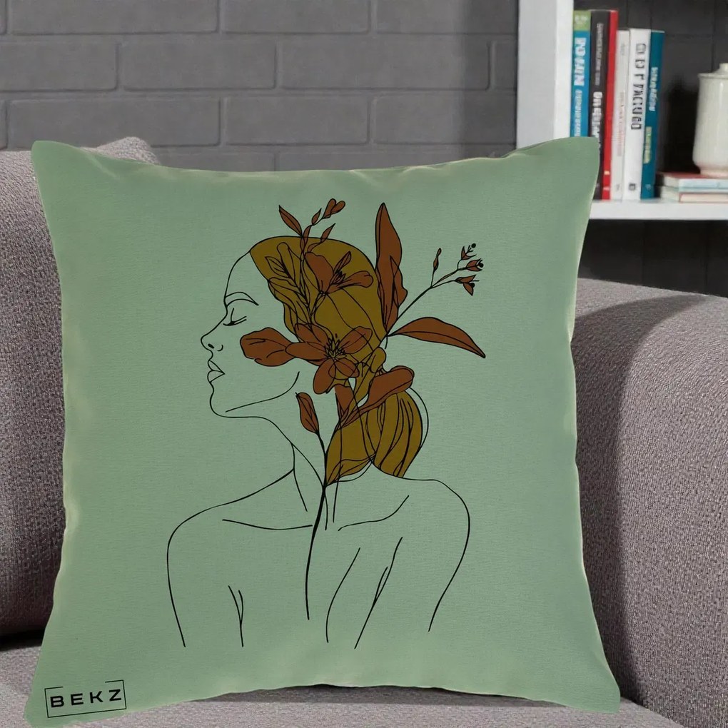 Perna Decorativa Portret Feminin Crin Ruginiu Auriu, 40x40 cm, Verde, Husa Detasabila, Perna Inclusa, BEKZ®