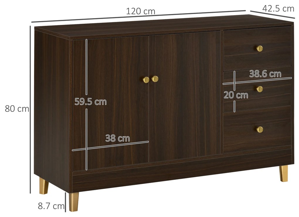 HOMCOM Bufet Modern cu 3 Sertare si Polita Interioara Reglabila din MDF, potrivita pentru orice Spatiu Interior, 120x42,5x80cm, Maro