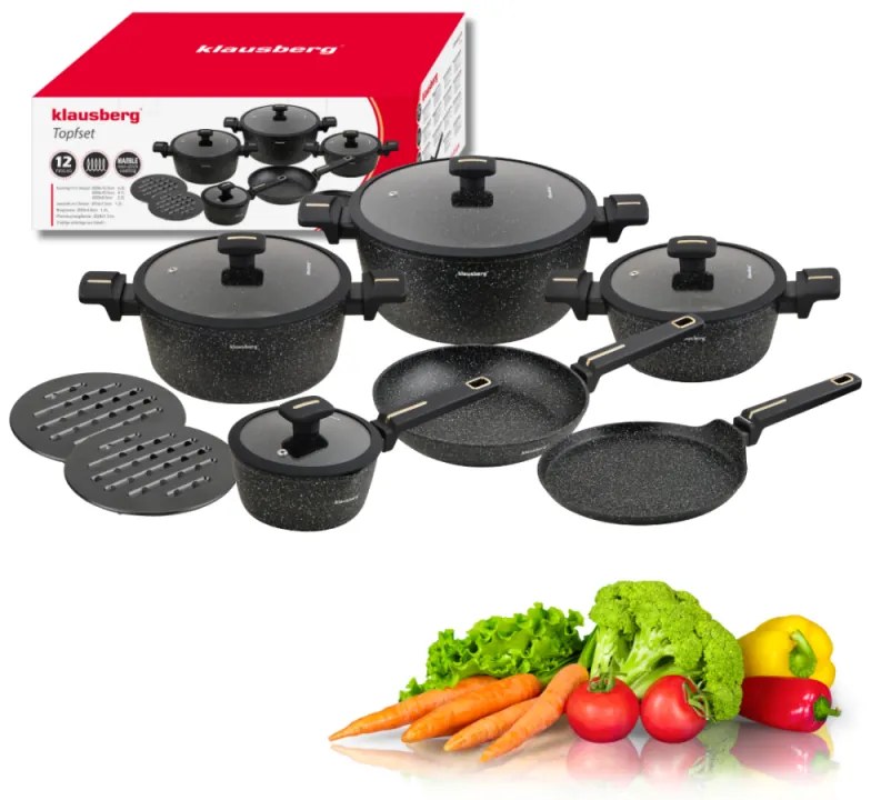 Set de oale și tigăi Klausberg KB 7966, 12 bucăți, Turnat, Acoperire antiaderentă din marmură, Inducție, Negru