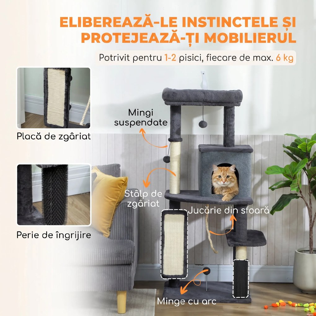 PawHut Ansamblu Multinivel pentru Pisici, 132 cm, cu Căsuță, Culcuș, Stâlpi de Zgâriat, Perie și Minge, Gri Închis | Aosom Romania
