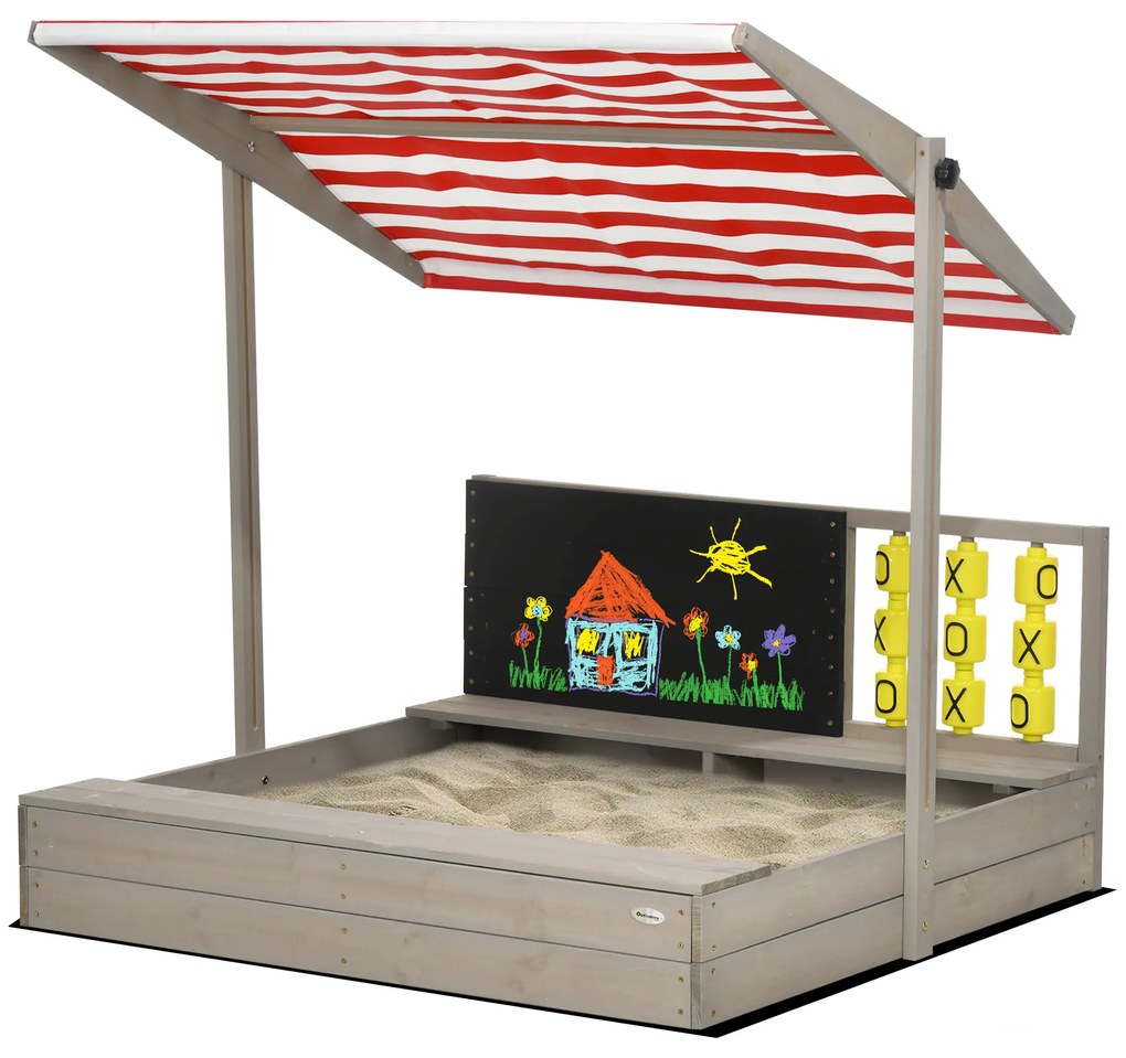 Outsunny Caz de nisip pătrat din lemn pentru copii cu bănci acoperiș reglabil, tablou și jocuri 114 x 113 x 110 cm gri | Aosom Romania