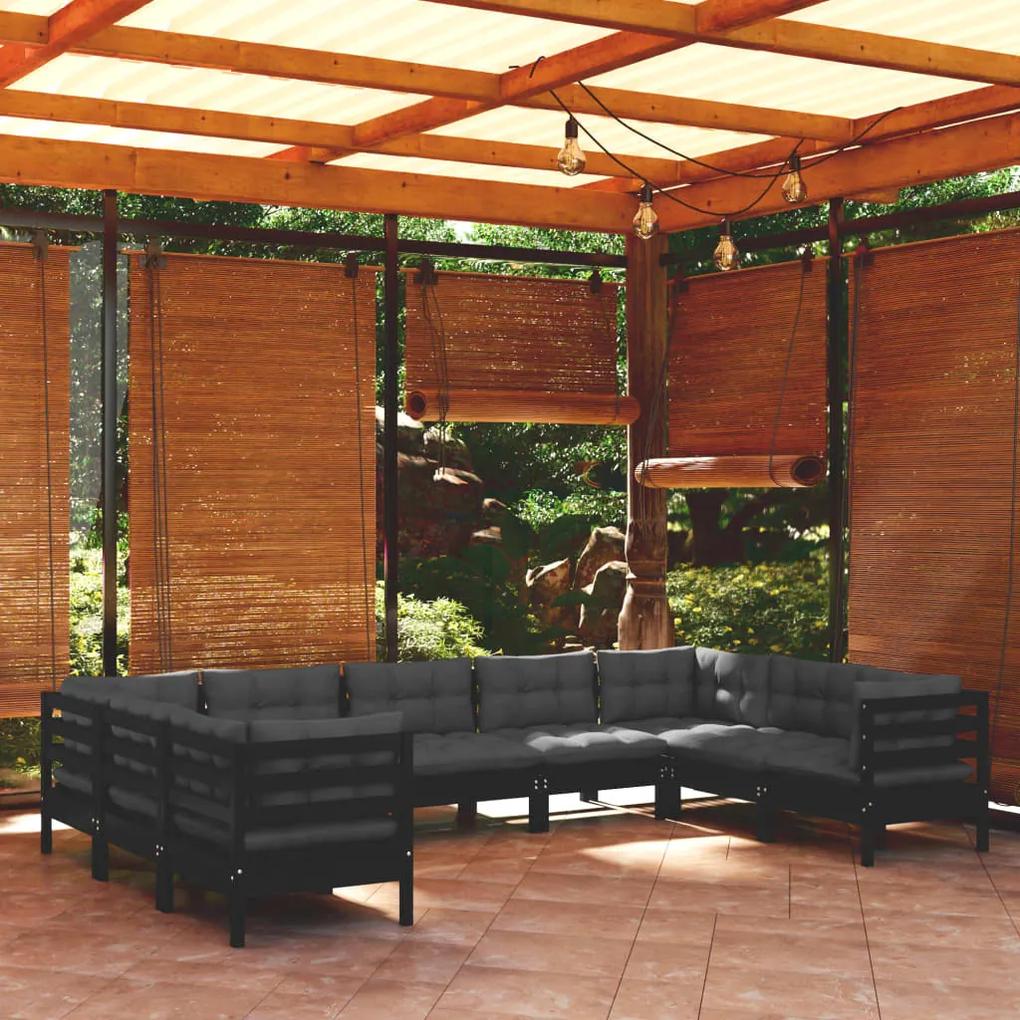 3097323 vidaXL Set mobilier grădină cu perne, 9 piese, negru, lemn de pin