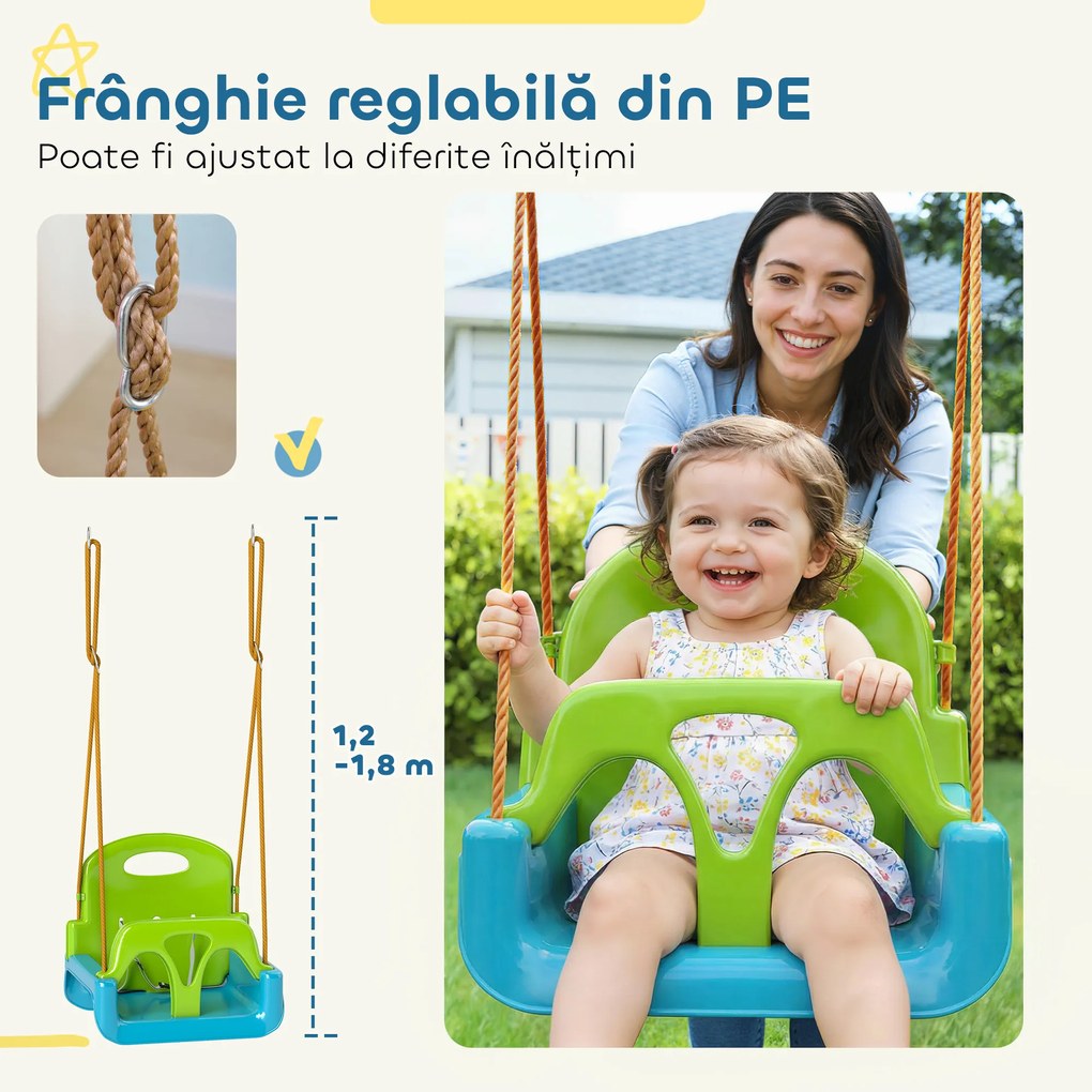 Outsunny Leagăn pentru Copii 3 în 1 pentru Interior și Exterior, Leagăn de Grădină pentru Bebeluși și Copii 9-36 Luni, Frânghie Reglabilă 120-180 cm și Centură de Siguranță, 42x33x120-180 cm, Verde | Aosom Romania