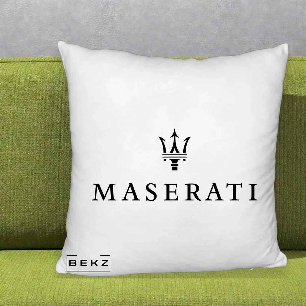 Perna Personalizata cu emblema Maserati, 40x40 cm, Alb Pufos, Husa Detasabila, Perna Inclusa, BEKZ®