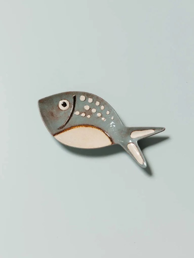 Platou servire bleu, din ceramica, forma de peste, Bubble
