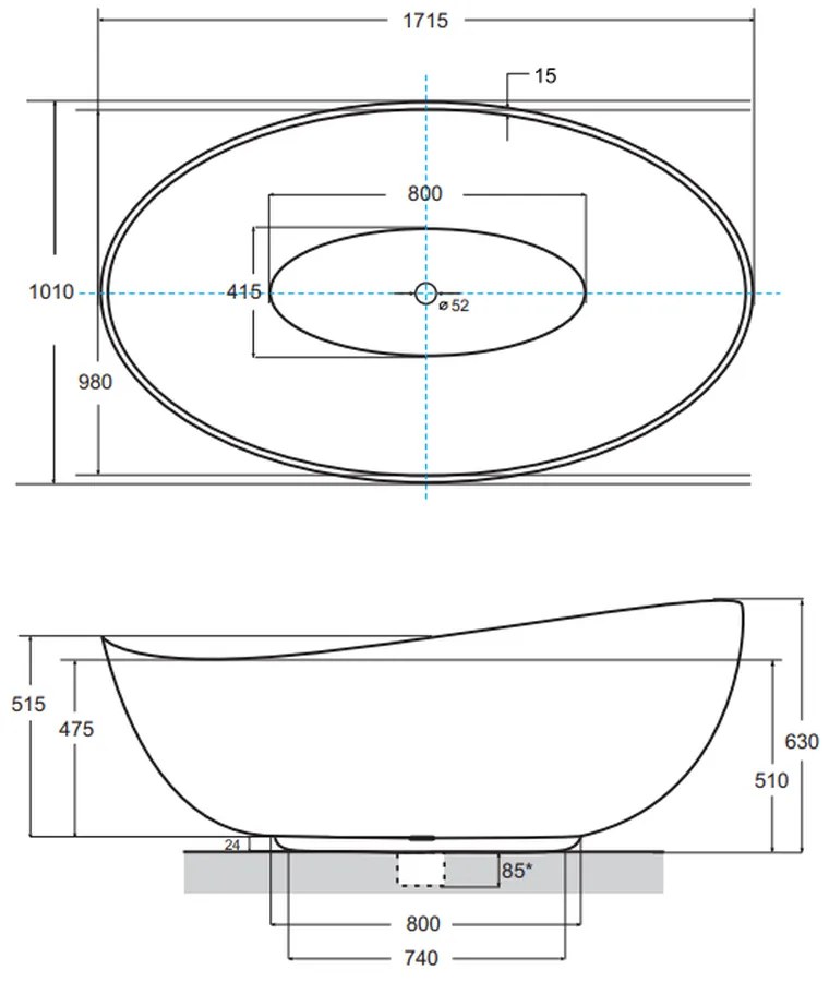 Cada baie freestanding din compozit, negru alb mat, Besco Siya, 172x100 cm Negru mat