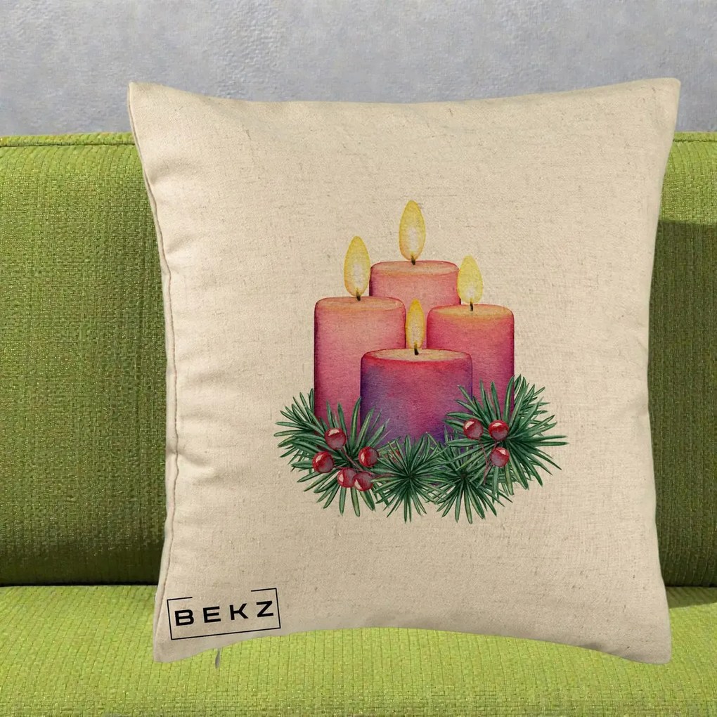 Perna Decorativa Lumanari Advent Roz-Violet, 40x40 cm, Bej, Husa Detasabila, Perna Inclusa, BEKZ®