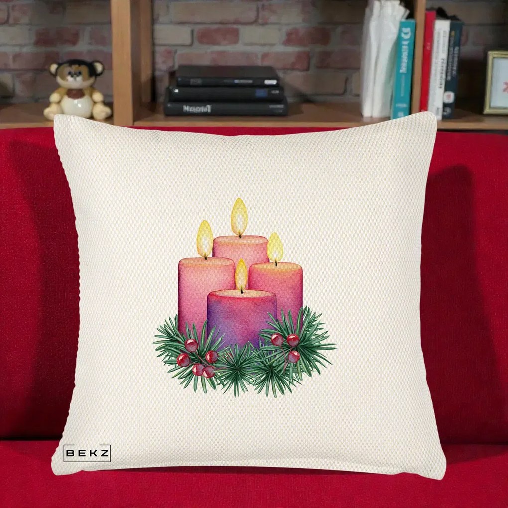 Perna Decorativa Lumanari Advent Roz-Violet, 40x40 cm, Crem Reliefat, Husa Detasabila, Perna Inclusa, BEKZ®