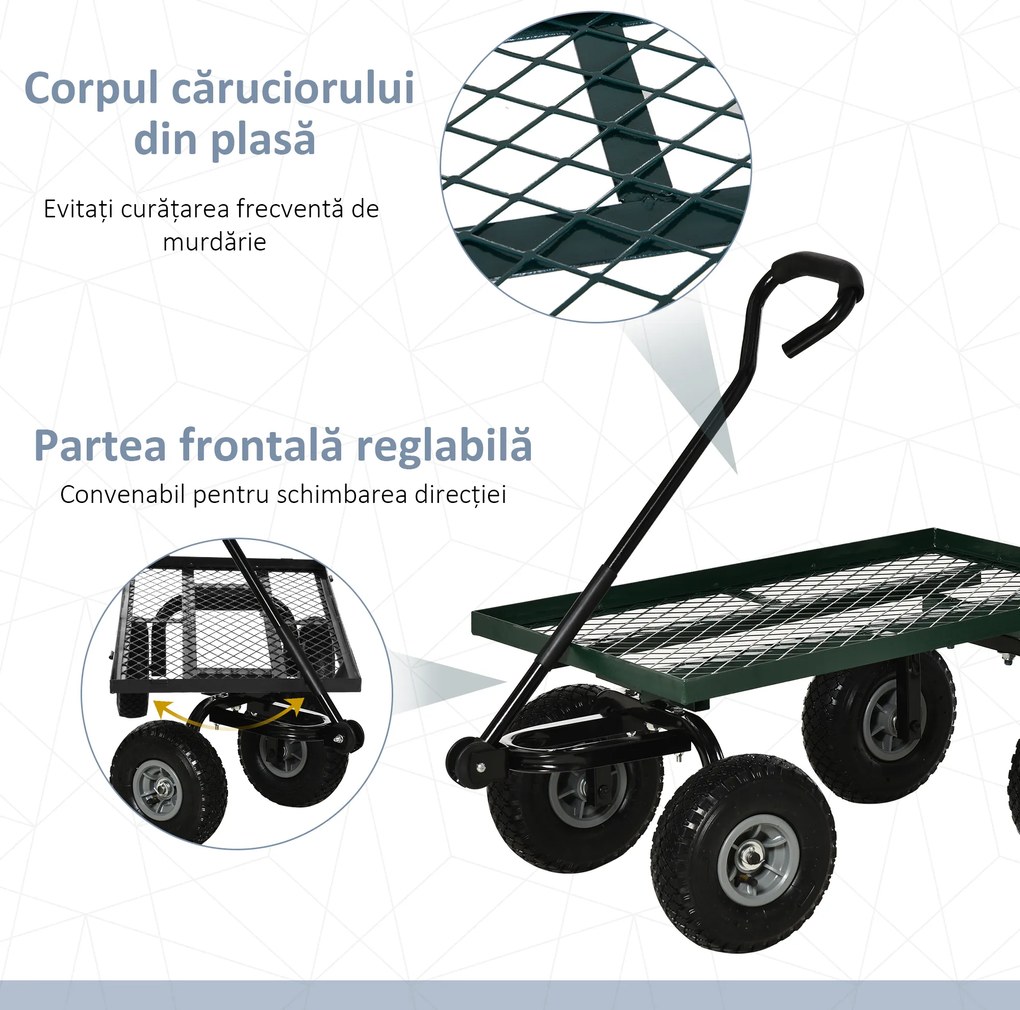 Outsunny Roabă de Grădină cu Mâner și 4 Roți Mari, Capacitate 150 kg, 94x48,5x100 cm, Verde | Aosom Romania