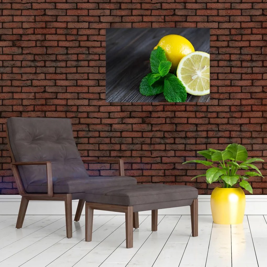 Tablou pe sticlă cu lămâie și mentă pe masă (70x50 cm)