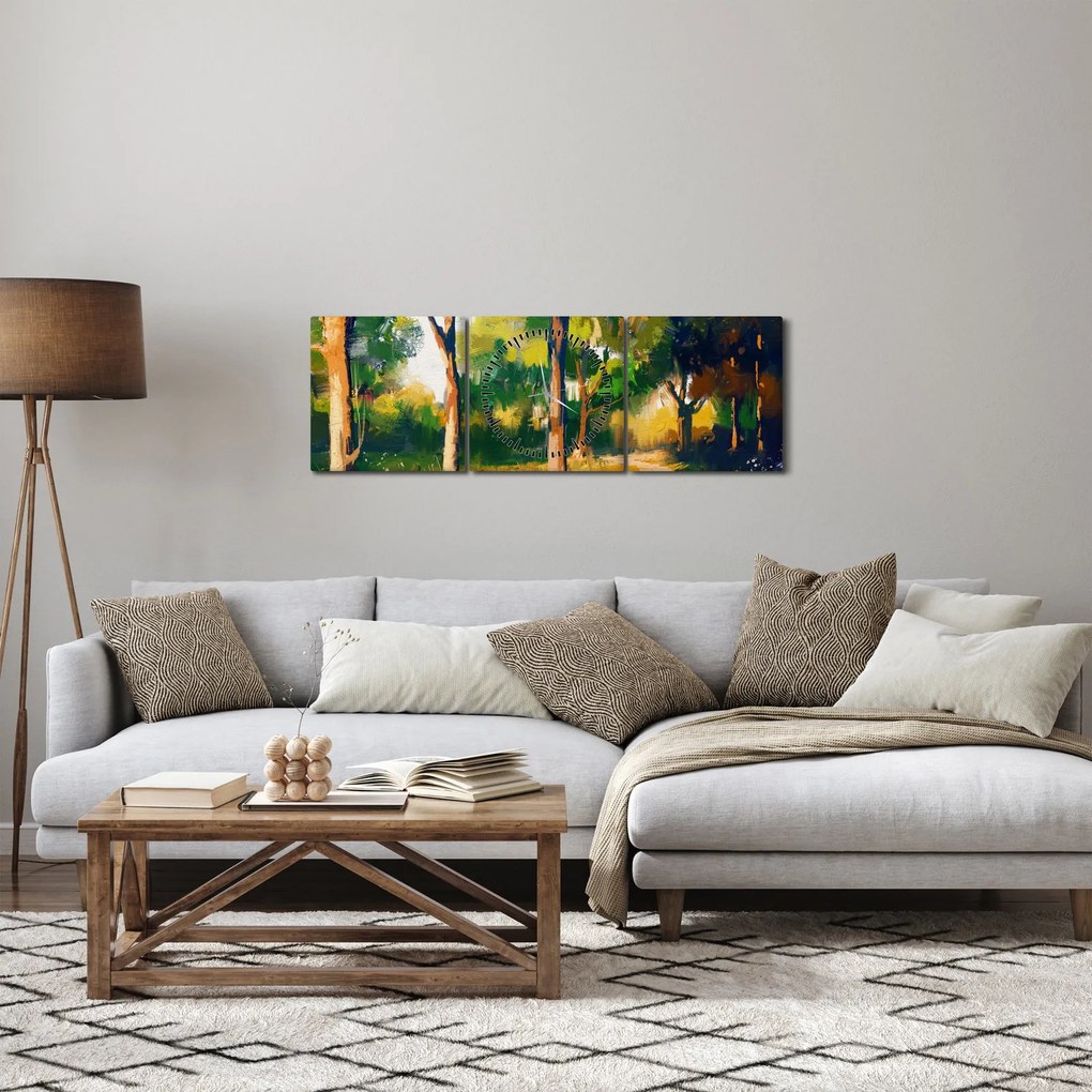 Tablou - Pădure de vară însorită, pictură (cu ceas) (90x30 cm)
