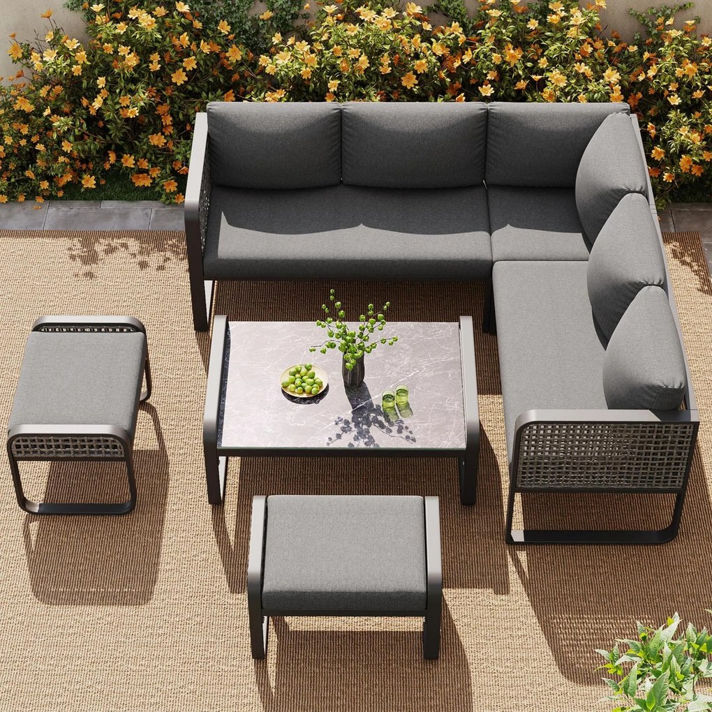 Set de lounge pentru grădină pentru 6-7 persoane, mobilier din ratan cu cadru din fier galvanizat și picioare reglabile, inclusiv perne de șezut și spătar, Gri