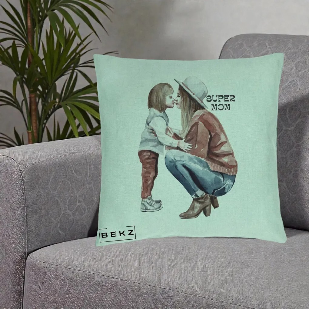 Cadou pentru Mama - Perna Personalizata Super Mom Acuarela, 40x40 cm, Verde Menta, Husa Detasabila, Perna Inclusa, BEKZ®