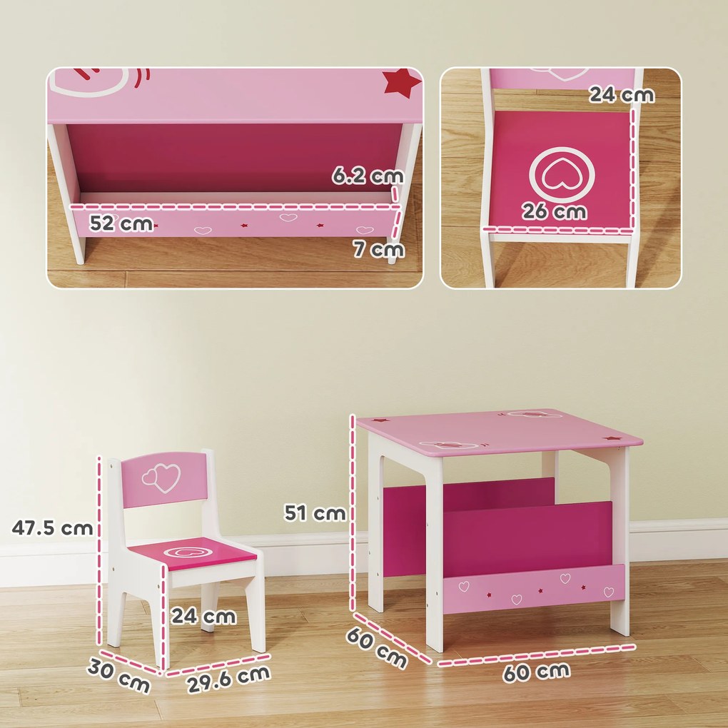 AIYAPLAY Set de masă cu 2 scaune pentru copii 3-8 ani, cu raft în lemn MDF cu motive de inimi, Roz | Aosom Romania