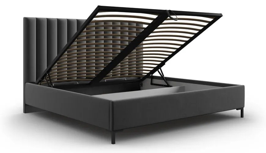 Pat matrimonial gri închis tapițat cu spațiu de depozitare și somieră 180x200 cm Casey – Mazzini Beds