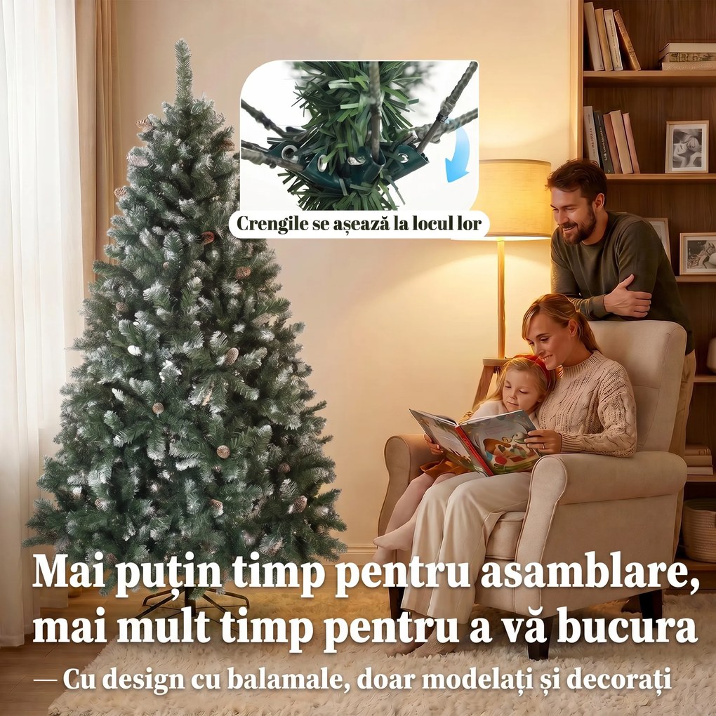 HOMCOM Brad de Crăciun Înzăpezit Înalt 180 cm cu 910 Ramuri, Brad Artificial de Interior cu Conuri Decorative, Bază Metalică Pliabilă, Verde | Aosom Romania