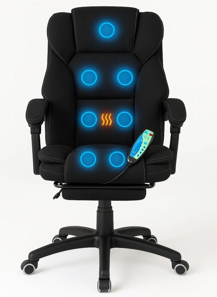 Scaun directorial, Masaj si Incalzire in 7 puncte, spatar rabatabil, suport pentru picioare, material textil premium, Negru