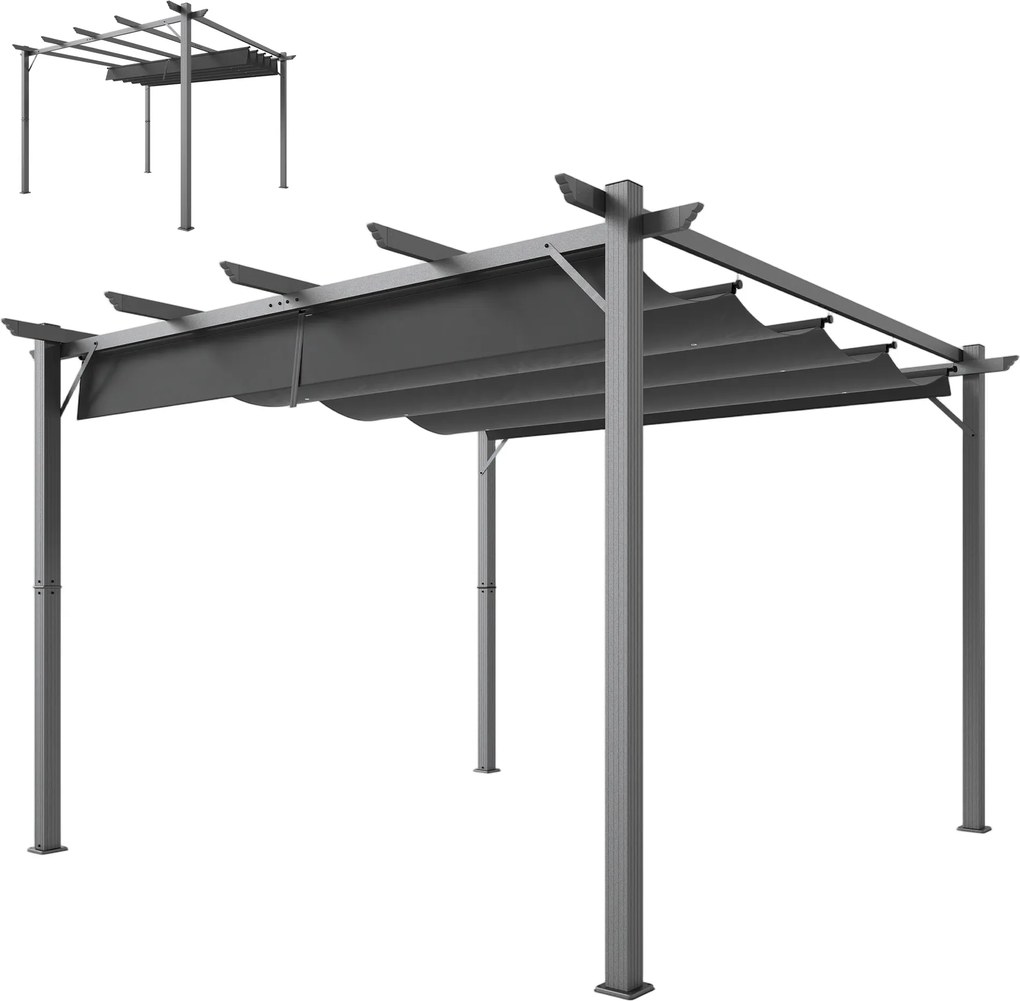 Outsunny Pergolă de Grădină 3x3 m cu Acoperiș Retractabil Protecție UPF30+ Drenaj Cadru din Aluminiu pentru Patio Exterior Gri Închis | Aosom Romania