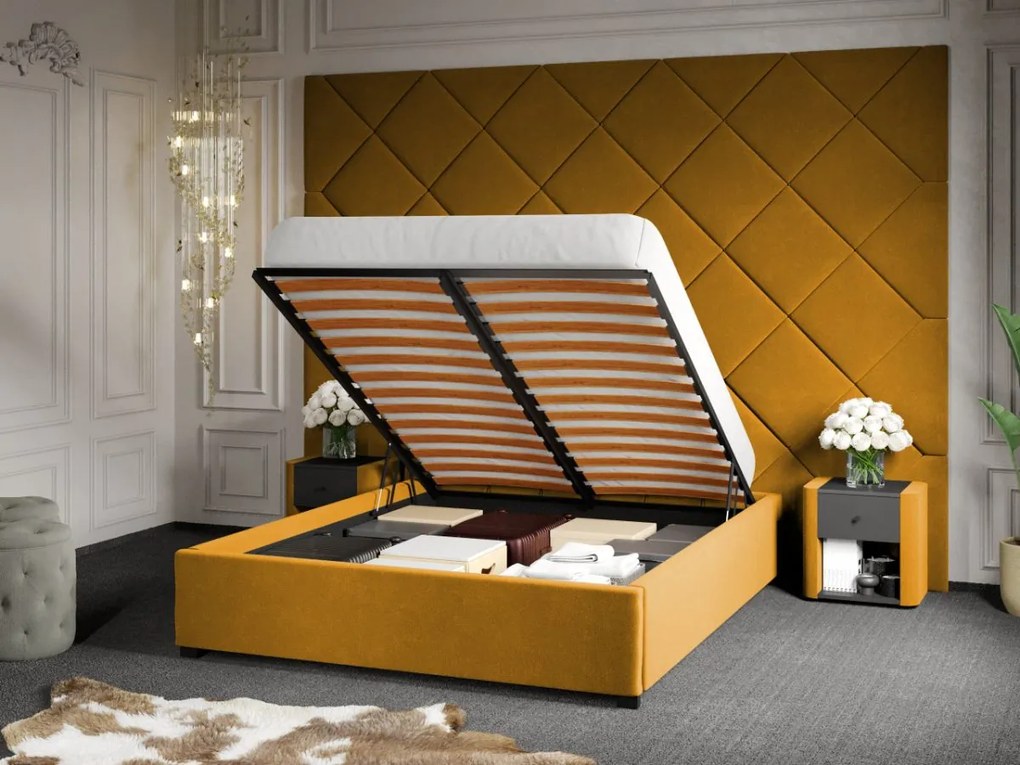 Pat Tapitat cu Panou 305x228 C3 Dubai pentru saltea de 190 rabatabil cu lada Galben - Velluto 8 160x190