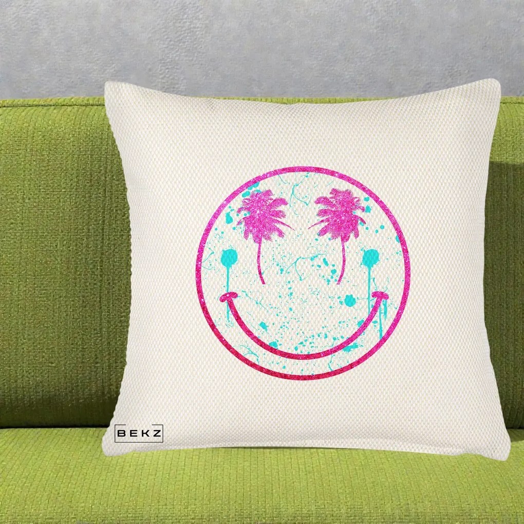 Perna Decorativa Smiley Face Tropical Glitter Roz, 40x40 cm, Crem Reliefat, Husa Detasabila, Perna Inclusa, BEKZ®