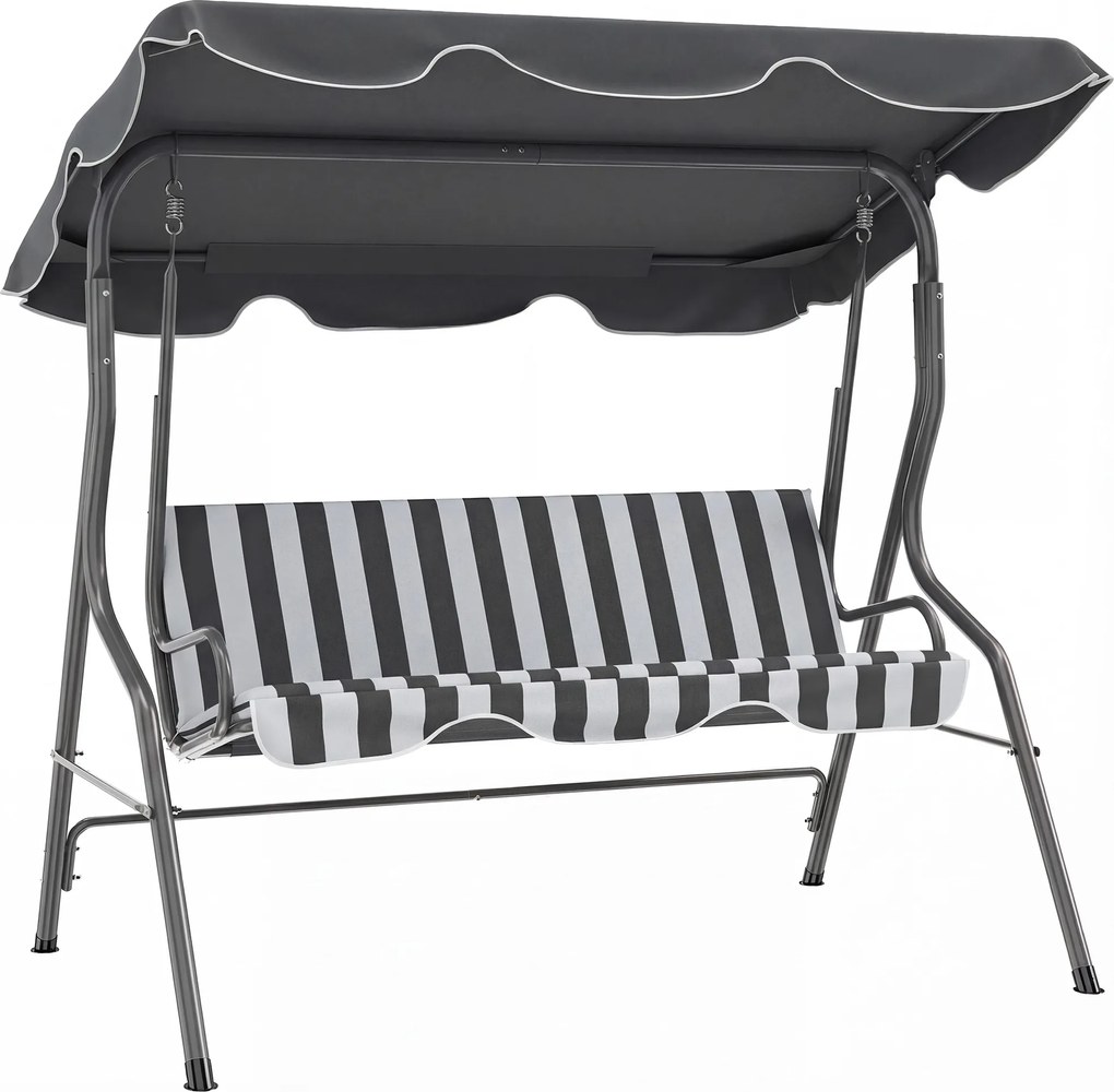 Outsunny Balansoar de grădină 3 locuri Copertină impermeabilă Înclinare reglabilă Perne Șezut Spătar gri, alb cu dungi | Aosom Romania