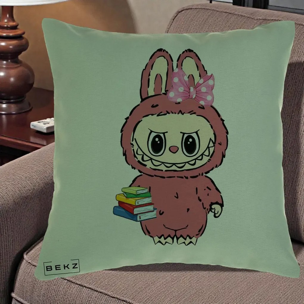 Perna Personalizata Labubu Roz cu Funda si Carti, 40x40 cm, Verde, Husa Detasabila, Perna Inclusa, BEKZ®