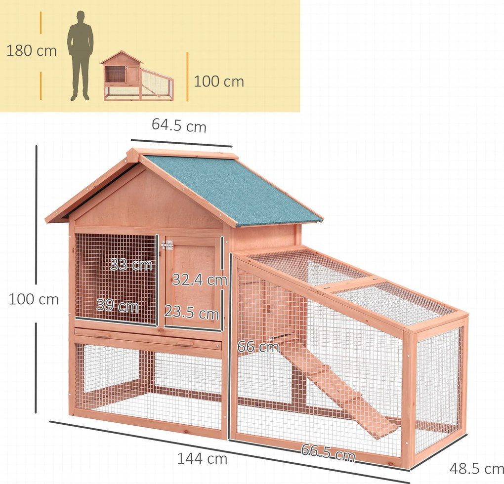 PawHut Iepurieră de Exterior din Lemn Cușcă pentru Iepuri Două Etaje cu Acoperiș Ușă și Fereastră Tavă Detașabilă și Lavabilă Mare Confort Spațiu Generos 144x64.5x100cm | Aosom Romania