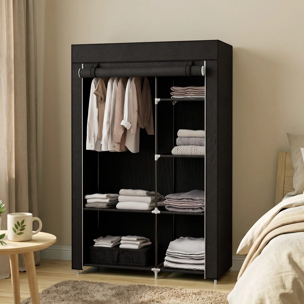 HOMCOM Dulap Portabil din Material, Dulap cu 6 Rafturi Deschise, 1 Bară și Ușă cu Fermoar, 103x43x162,5 cm, Negru | Aosom Romania