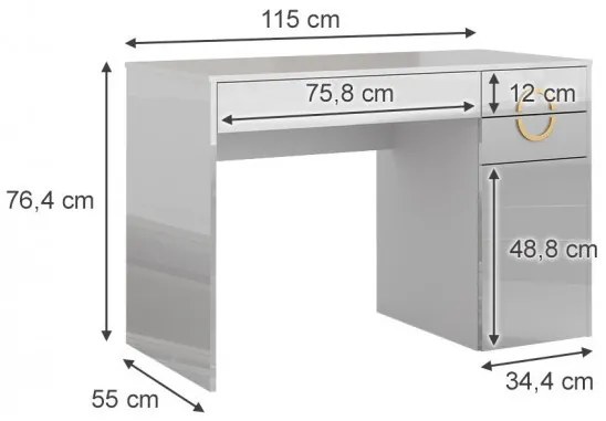 BIA208 - Masa de Birou, 115 cm, home office cu 3 sertare si un dulap - Alb Lucios