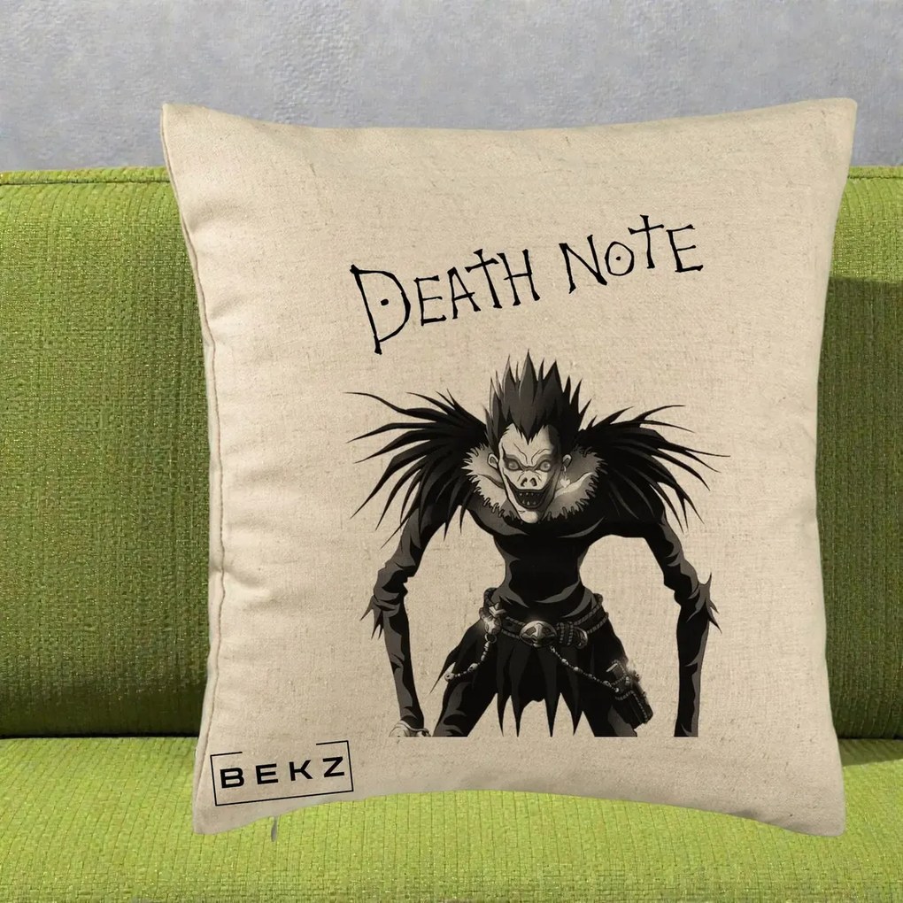 Perna Personalizata Death Note Ryuk Shinigami Alb-Negru, 40x40 cm, Bej, Husa Detasabila, Perna Inclusa, BEKZ®