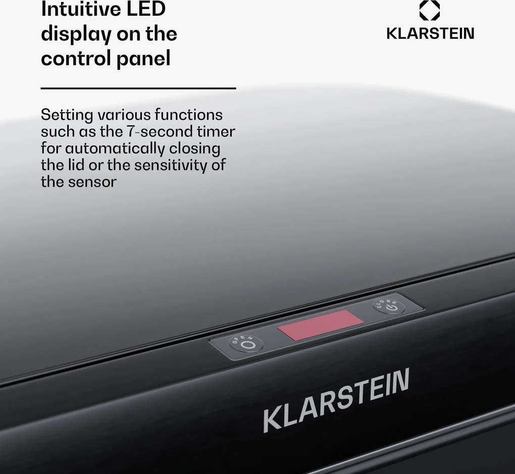 Klarstein Coș de gunoi fără atingere, cu senzor, 60 l, din oțel inoxidabil, închidere ușoară, cu baterii, afișaj LED, temporizator