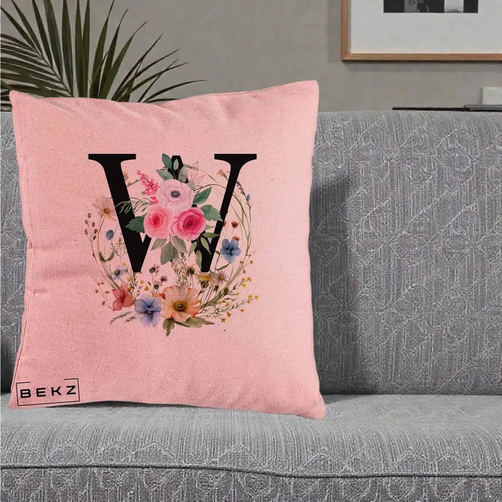 Cadou Personalizat - Perna Personalizata Monograma Florala Litera W, 40x40 cm, Roz, Husa Detasabila, Perna Inclusa, BEKZ®
