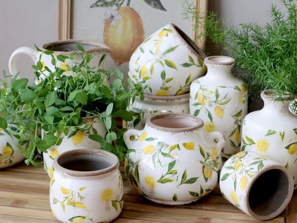 Vas decorativ din ceramică, pictat manual, crem, H17/D10 cm, Limone