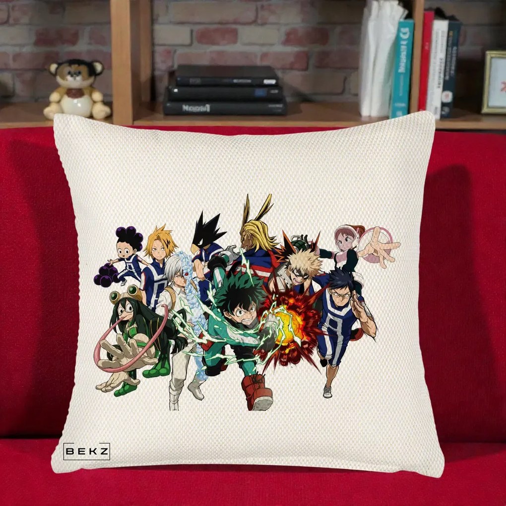 Perna Personalizata My Hero Academia Clasa 1-A Complet, 40x40 cm, Crem Reliefat, Husa Detasabila, Perna Inclusa, BEKZ®