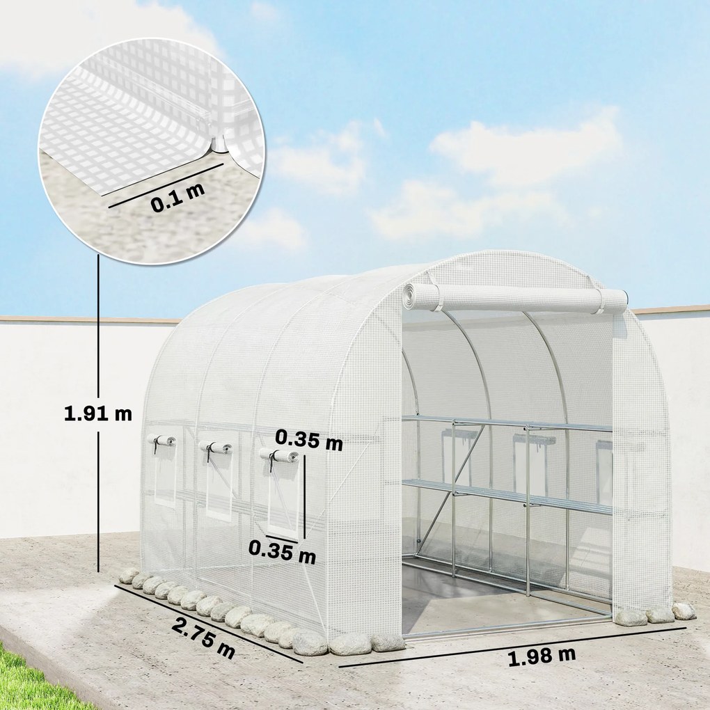 Outsunny Seră aprox. 2,7 x 2 x 2 m cu rafturi, ușă rulabilă cu fermoar, 6 ferestre cu plasă, tije de susținere | Aosom Romania