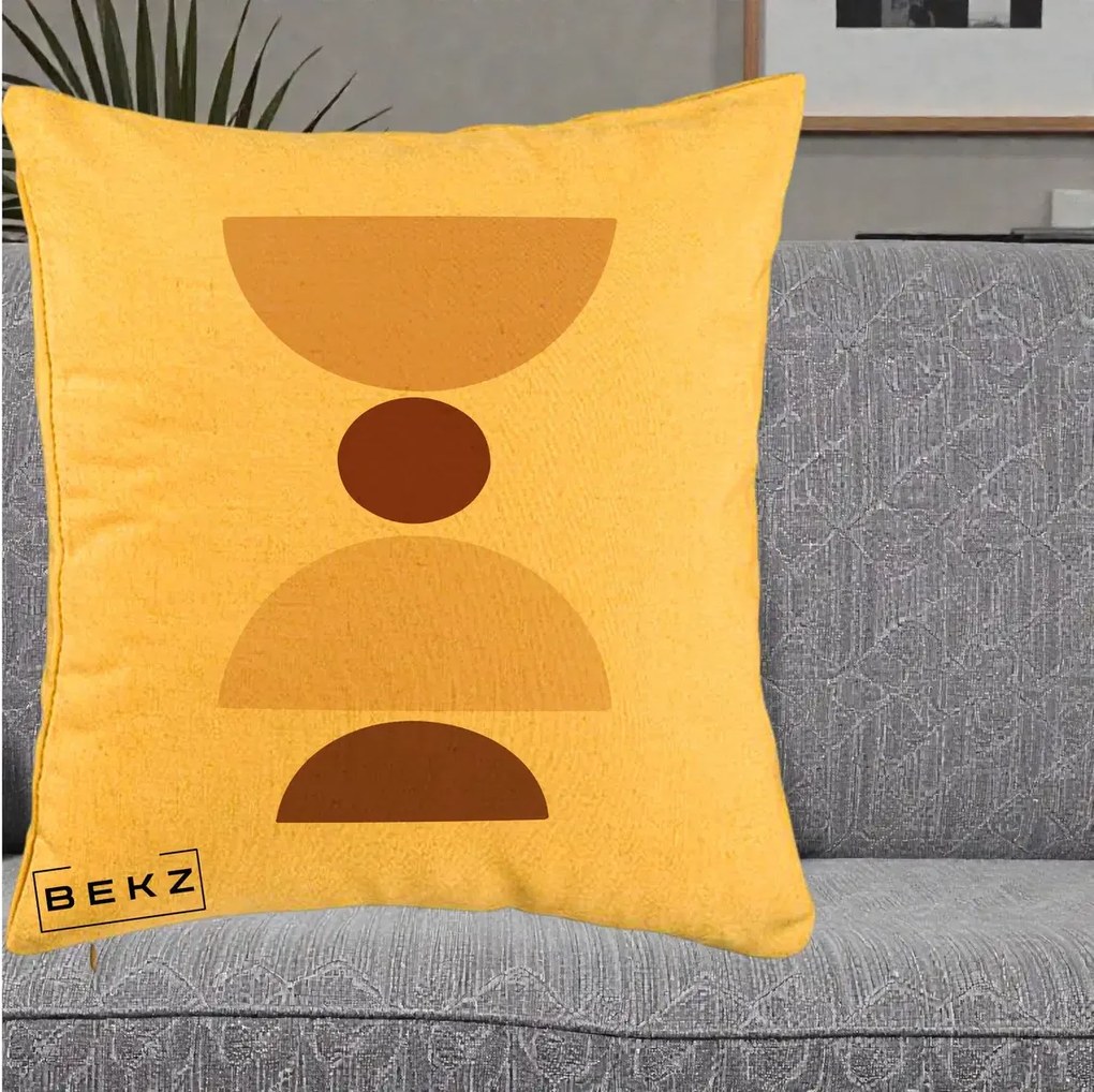 Perna Decorativa Geometric Boho Cerc si Boluri, 40x40 cm, Galben, Husa Detasabila, Perna Inclusa, BEKZ®
