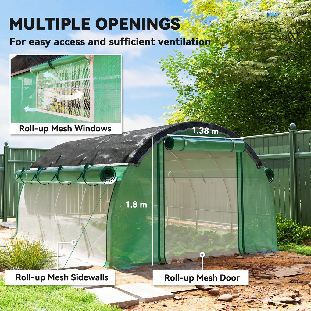 Outsunny Seră de Grădină Tip Tunel 4x3x2 m cu Plasă de Umbrire, Seră pentru Grădină cu 8 Ferestre, 2 Uși și Pereți Laterali Rulanți, Cadru din Oțel și Acoperire din PE, pentru Legume și Flori, Verde | Aosom Romania