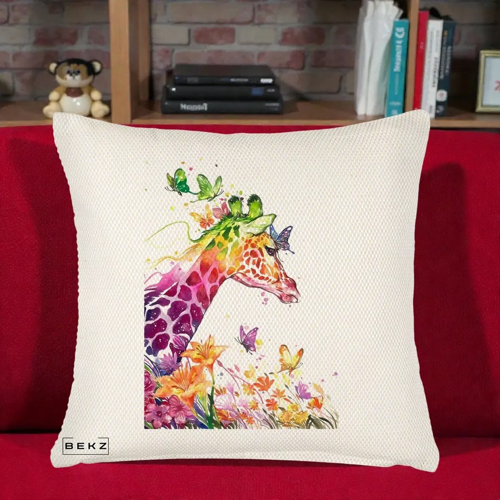 Perna Decorativa Girafa Curcubeu Acuarela, 40x40 cm, Crem Reliefat, Husa Detasabila, Perna Inclusa, BEKZ®