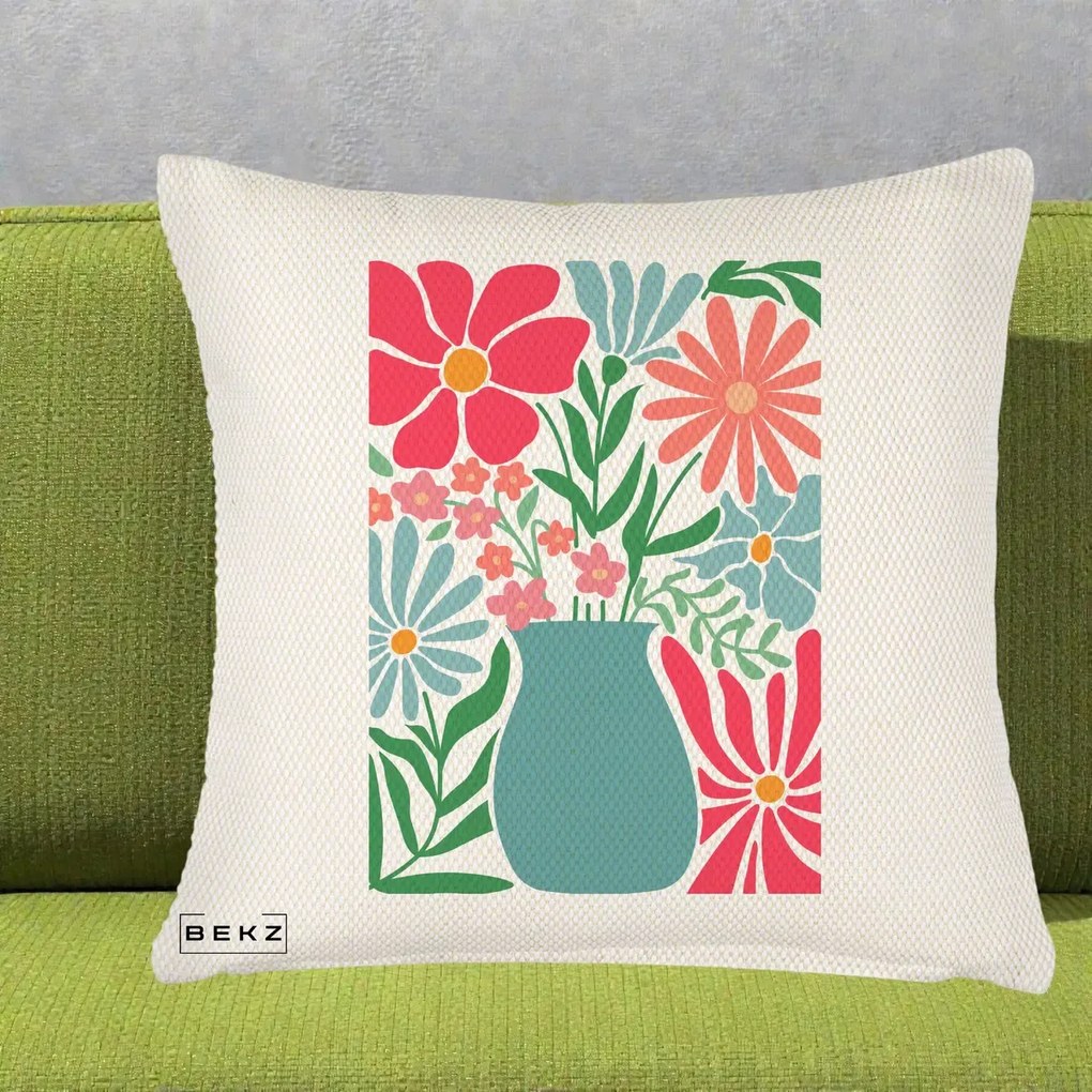 Perna Decorativa Flori in Vaza Turcoaz, 40x40 cm, Crem Reliefat, Husa Detasabila, Perna Inclusa, BEKZ®