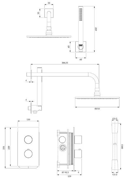 Sistem de dus incastrat cu baterie termostata Omnires Contour si para cu 1 functie