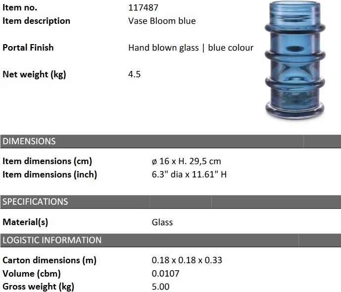 Vas decorativ din sticla design LUX Bloom albastru