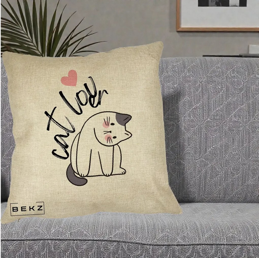Perna Personalizata Cat Lover Pisica Ilustratie Linie, 40x40 cm, Crem, Husa Detasabila, Perna Inclusa, BEKZ®
