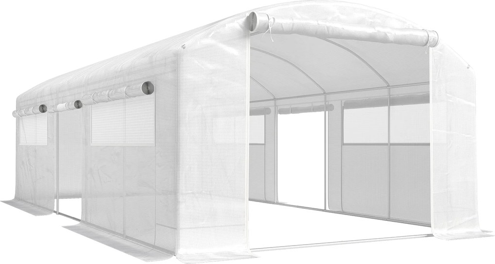 Outsunny Seră tunel 6x3x2 m cu 3 uși rulou, 6 ferestre cu plasă și structură din oțel galvanizat, alb | Aosom Romania