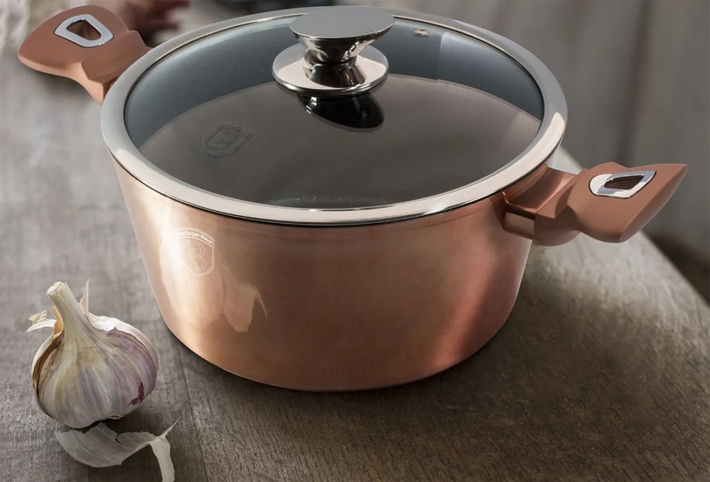Set oale si tigai marmorate, cu capace, Rose Gold Metalic Line 15 piese Berlinger Haus BH 1224N, antiaderente, design elegant, inductie