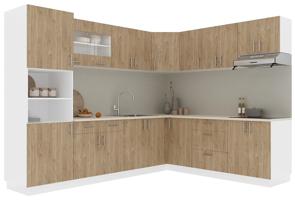 Set Bucatarie Colt Karo V36, Lemn Natural/Alb, Blat Thermo 28 mm, L 280 x 220 cm