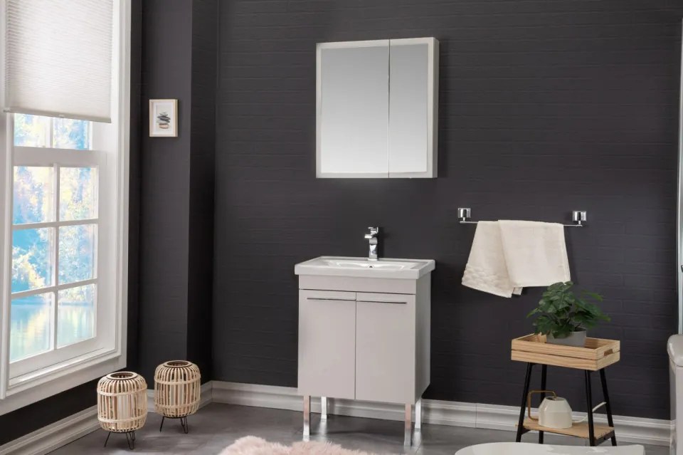 Set Mobilier Baie Salda 60, Include Baza Lavoar, Lavoar și Oglinda, 60 cm, Alb